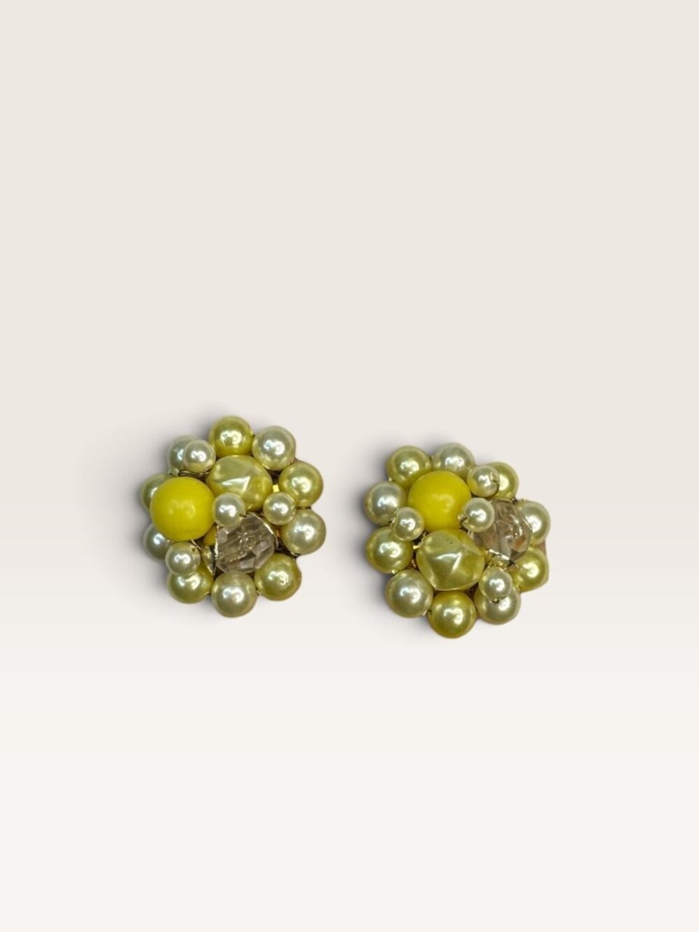 1950s Japan Yellow Faux Pearl Bead Cluster Clip Earrings .98" Vintage